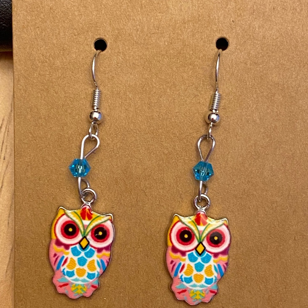 Hand Crafted Pink Multicolor Beaded Owl Dangle Earrings - Picture 1 of 4